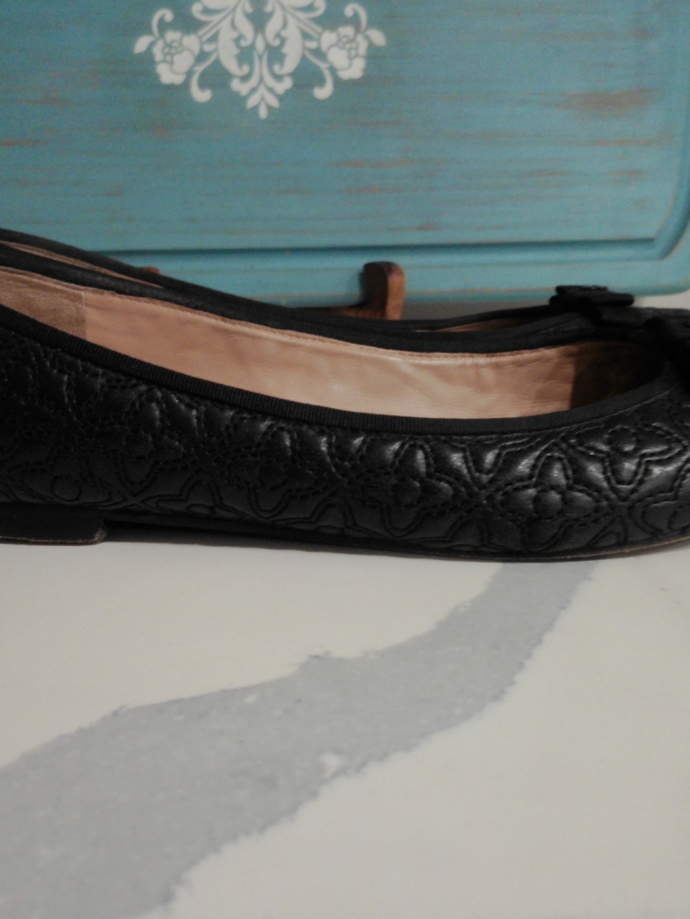 Tory Burch Black Floral-Embossed Leather Ballet Flat